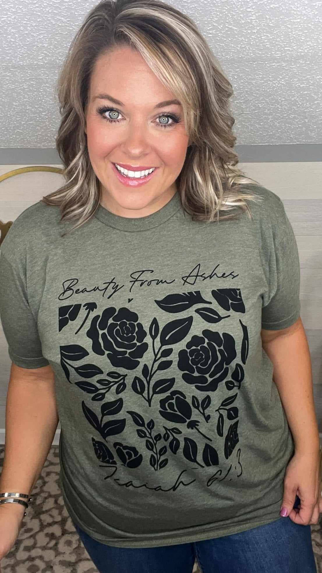 Beauty For Ashes Olive Boho Christian Boutique Graphic Tee