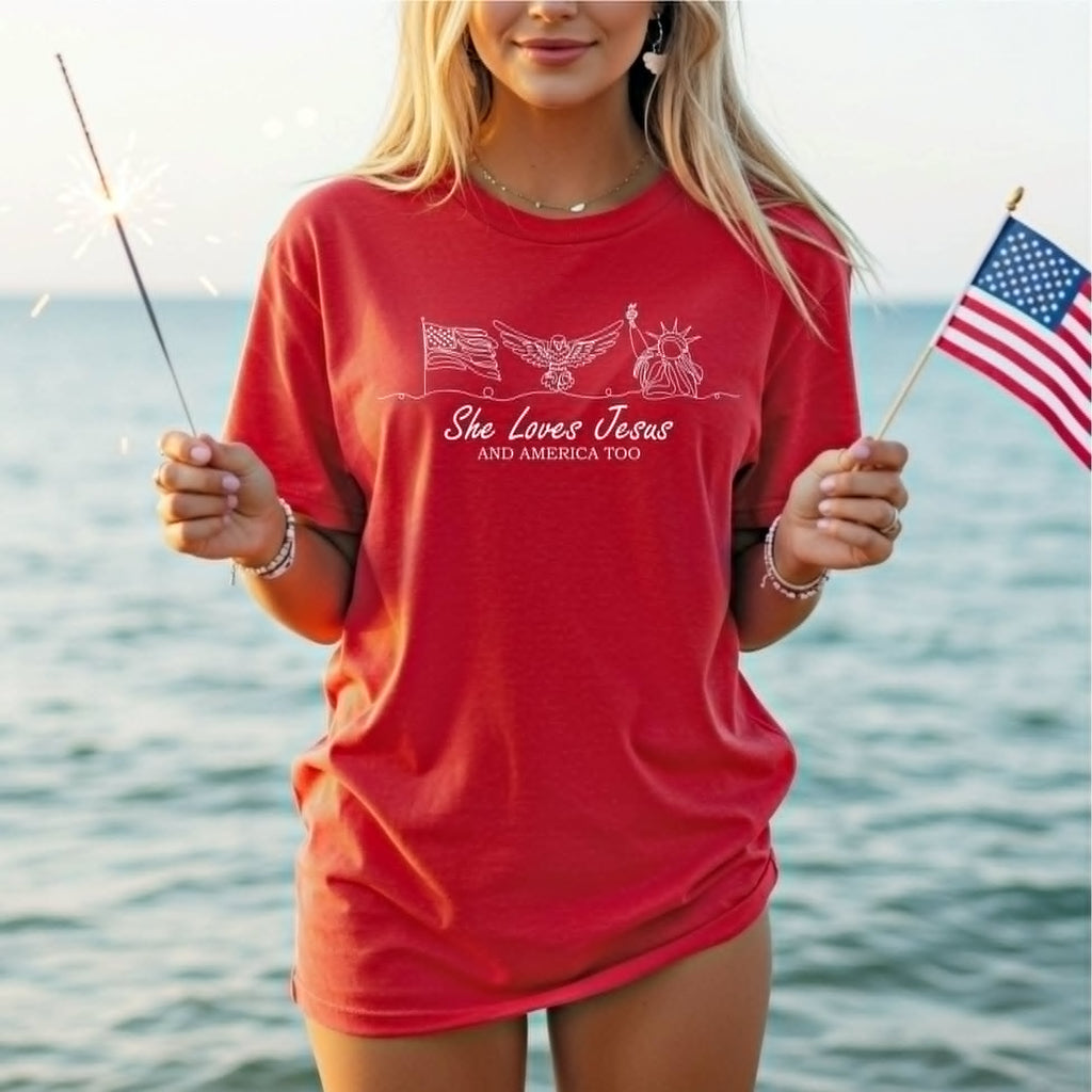 She Loves Jesus America Too Red Comfort Colors Graphic Tee