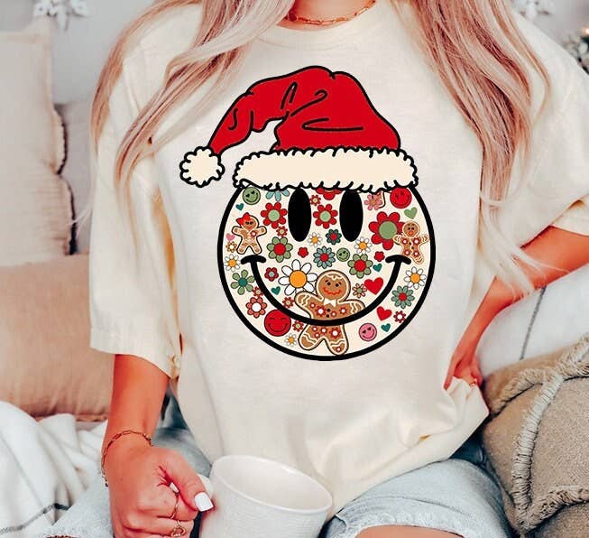 Retro Christmas Smiley Face Gingerbread Daisy Shirt