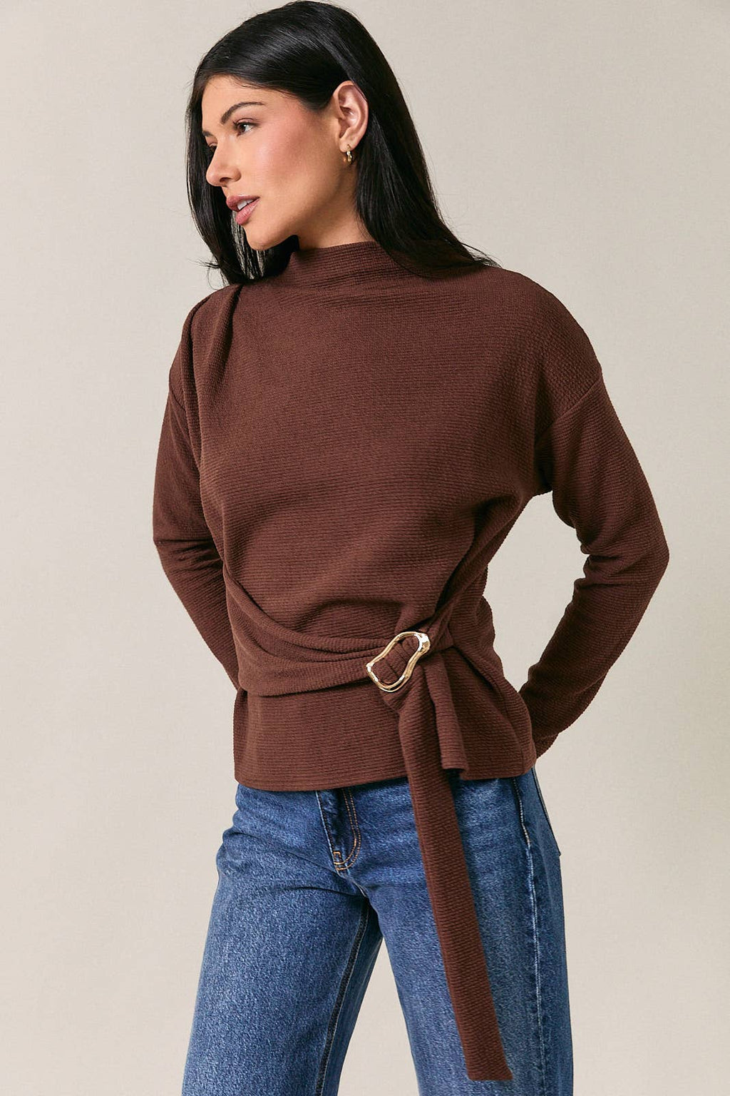 Mock Neck Long Sleeve Belted Detail Top