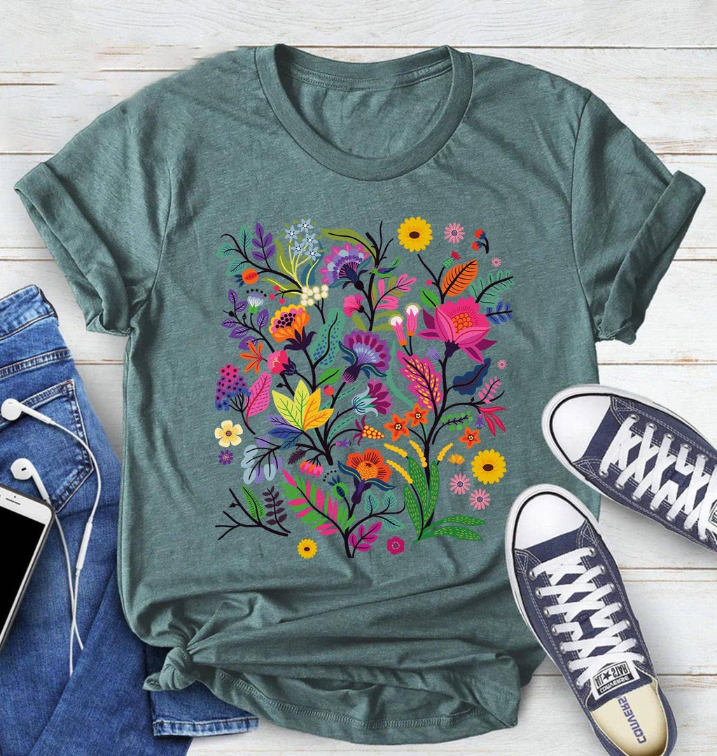 Floral Graphic Tee, Colorful Flowers, Casual Shirt