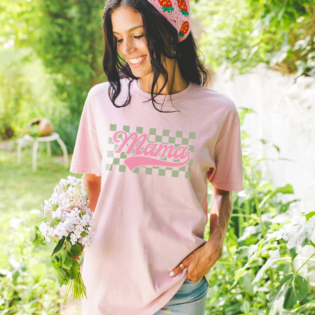 Checkered Mama Pink and Green Retro Comfort Colors Tee