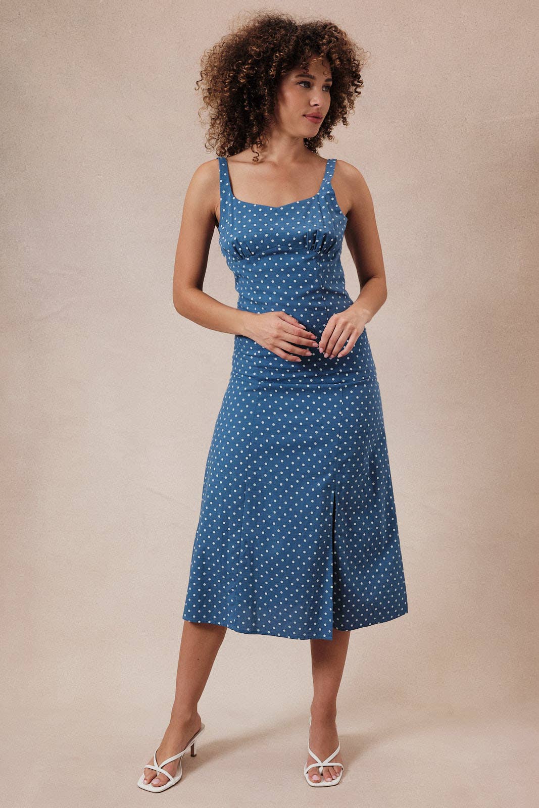 Polka Dot Midi Dress W. Adjustable Straps & Slit