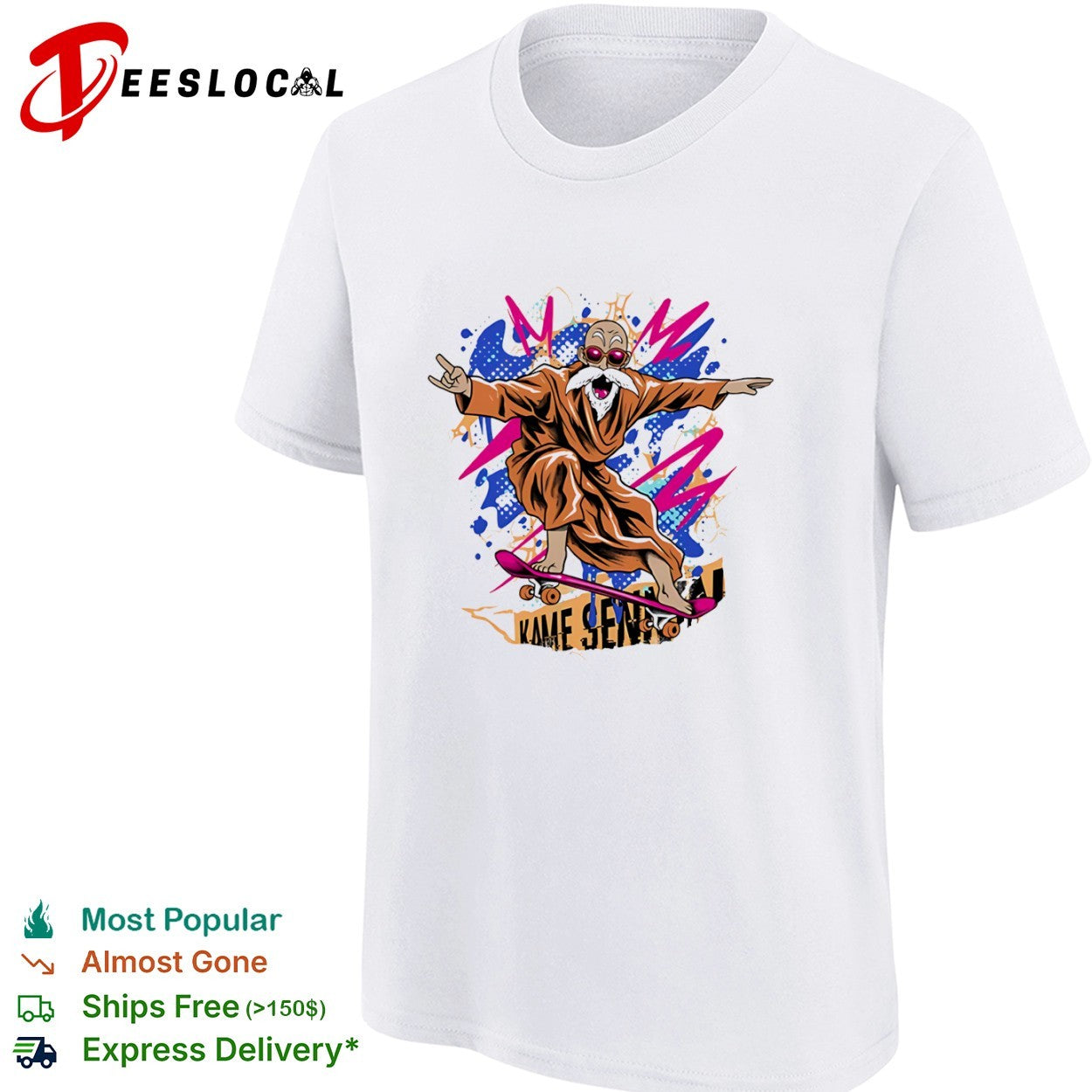 A skateboarding Master Roshi Shaolin Skate Sage shirt