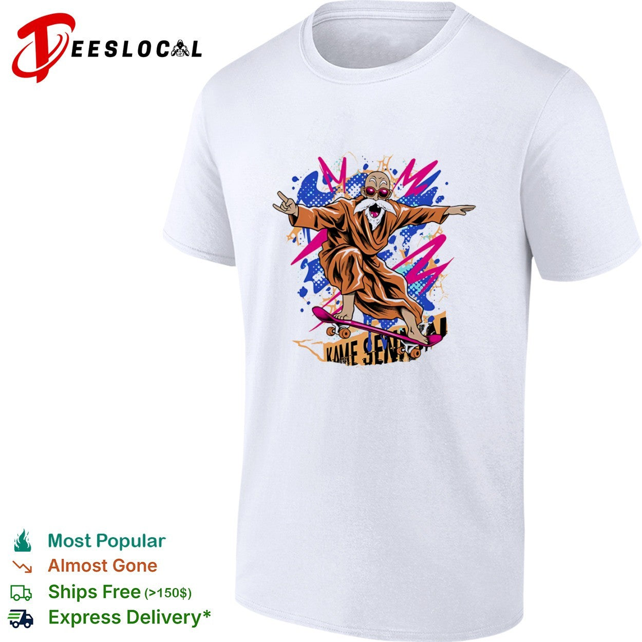 A skateboarding Master Roshi Shaolin Skate Sage shirt