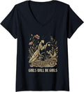 Women's Girl Will Be Girls Praying Mantis V-Neck T-Shirt