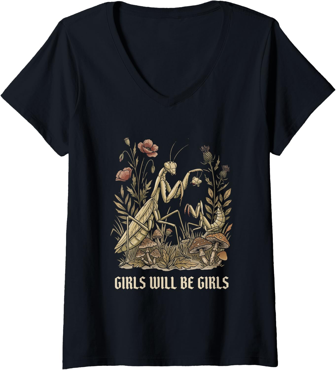 Women's Girl Will Be Girls Praying Mantis V-Neck T-Shirt