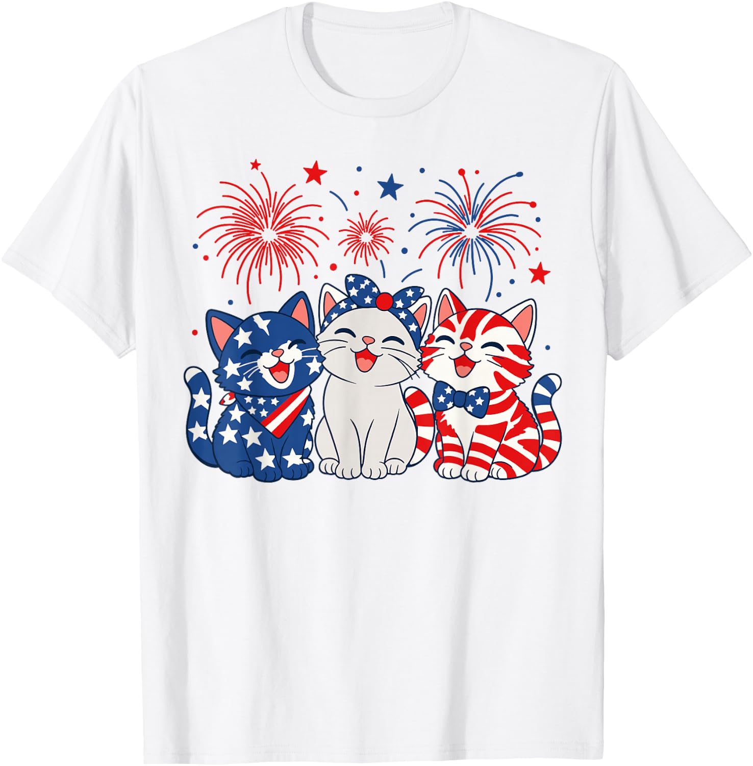 Red Blue White Cute Cats USA Flag 4th of July Cat Lovers T-Shirt