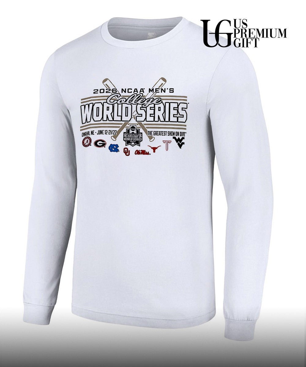 Alabama Georgia North Carolina Oklahoma Ole Miss Texas Texas Tech West Virginia 2026 NCAA Men’s College World Series The Greatest Show on Dirt shirt