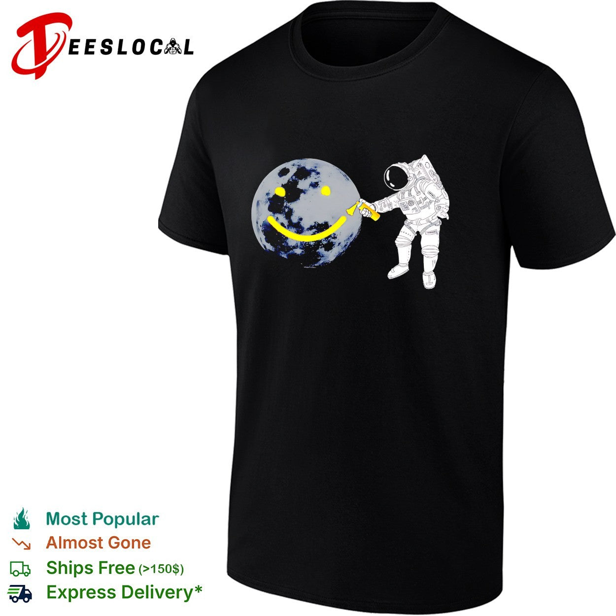 Astronaut spray painting smiley face on moon shirt