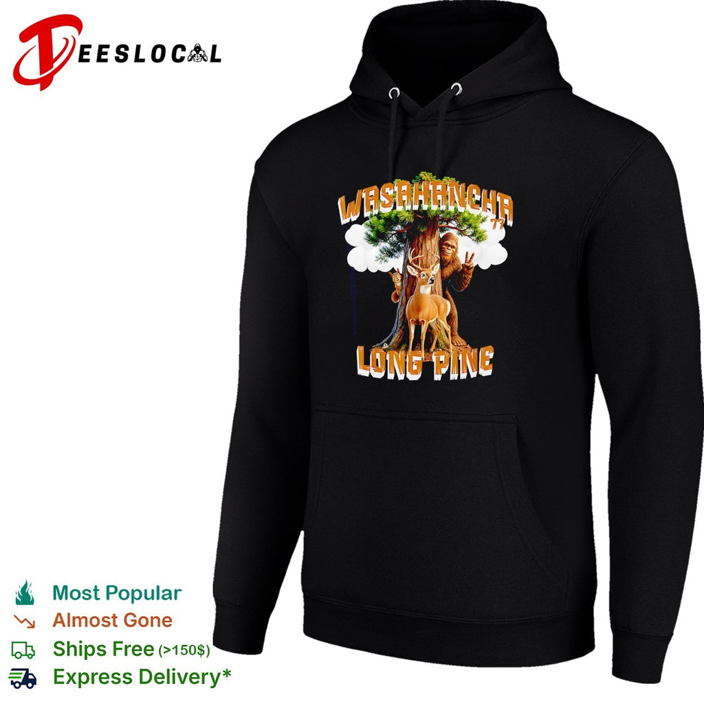 Bigfoot raising peace sign Washaancha 77 Long Pine deer shirt