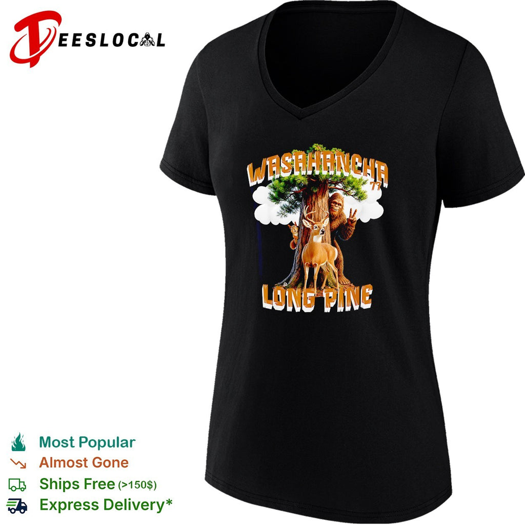 Bigfoot raising peace sign Washaancha 77 Long Pine deer shirt