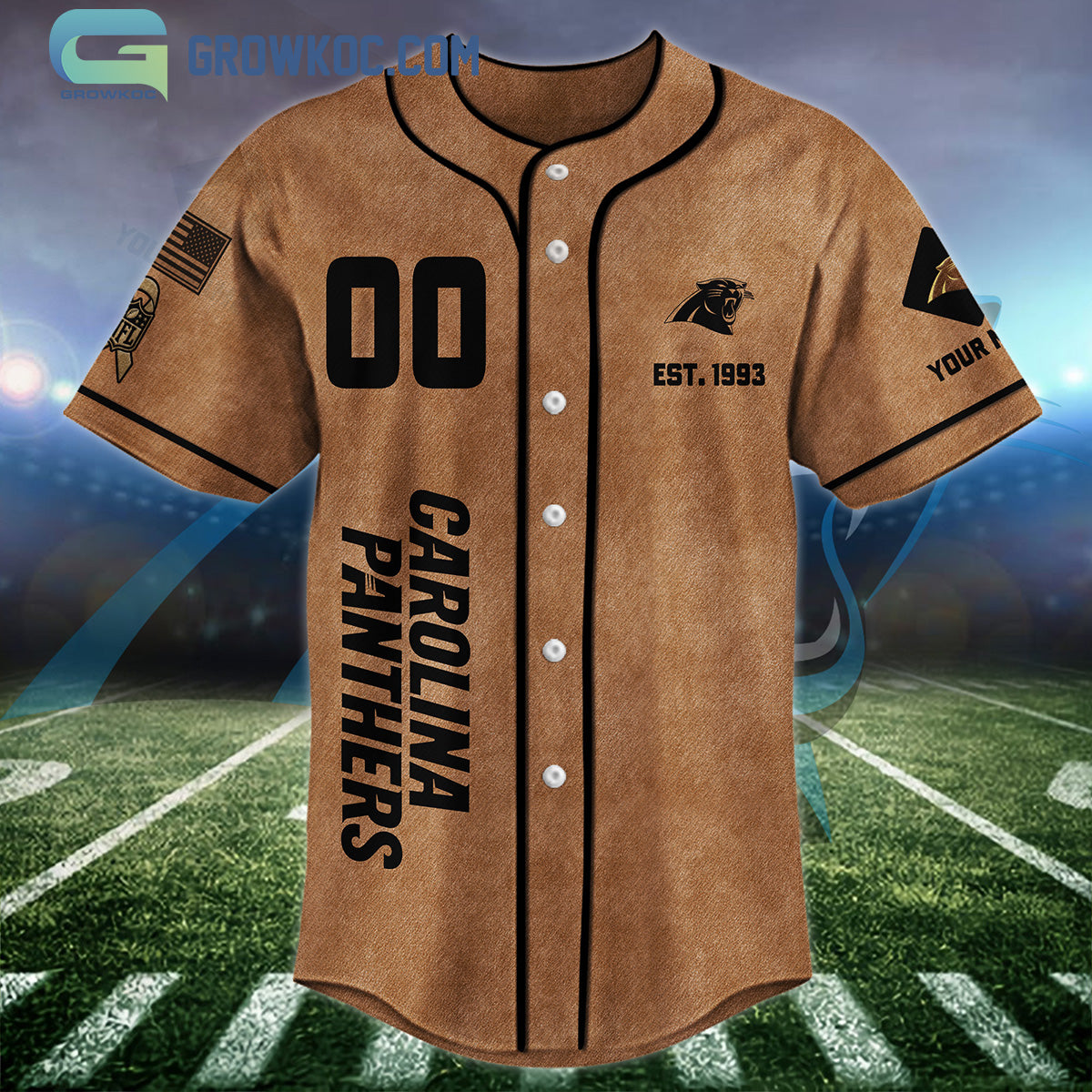 Carolina Panthers Brown American Flag Personalized Baseball Jersey