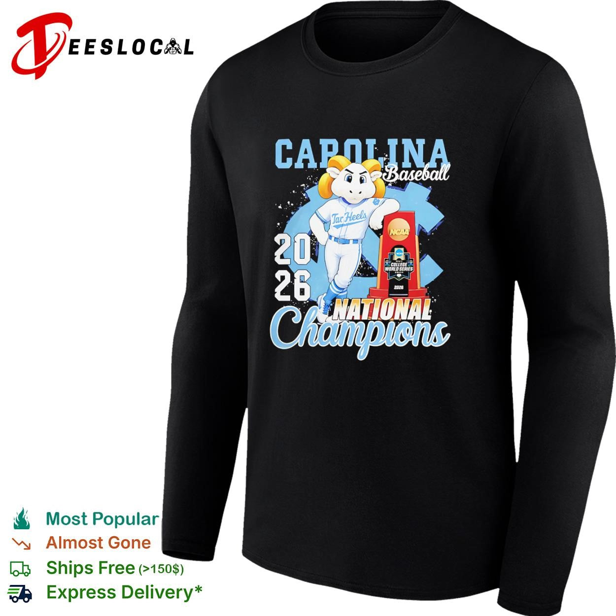 Carolina Tar Heels NCAA College World Series 2026 baseball national champions Omaha mascot trophy shirt