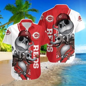 Cincinnati Reds Jack Skellington And Zero Hawaiian Shirt - Cincinnati Reds Hawaiian Shirt
