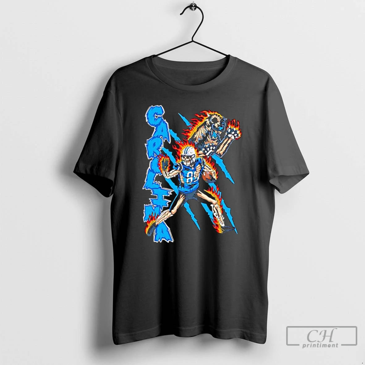 Classic Carolina Panthers Skeleton Player 88 On Fire With Skeleton Growling Panther Graphic T Shirts Hoodie, Sweatshirt