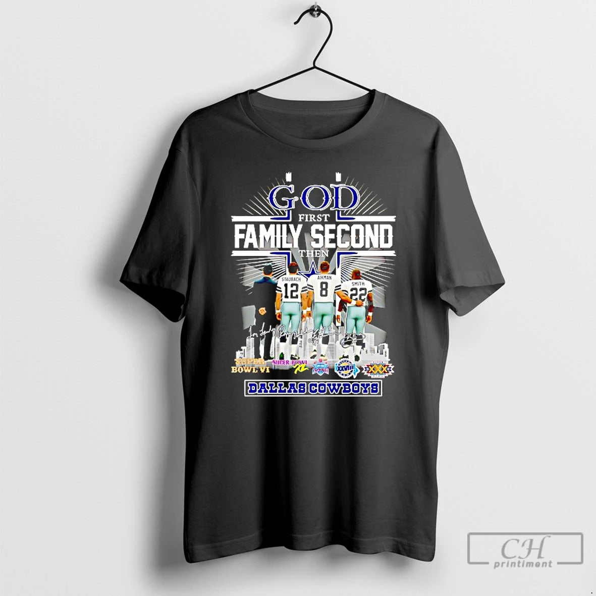 Classic God First Family Second Then Dallas Cowboys Super Bowls City Skyline Signatures T Shirts Hoodie, Sweatshirt