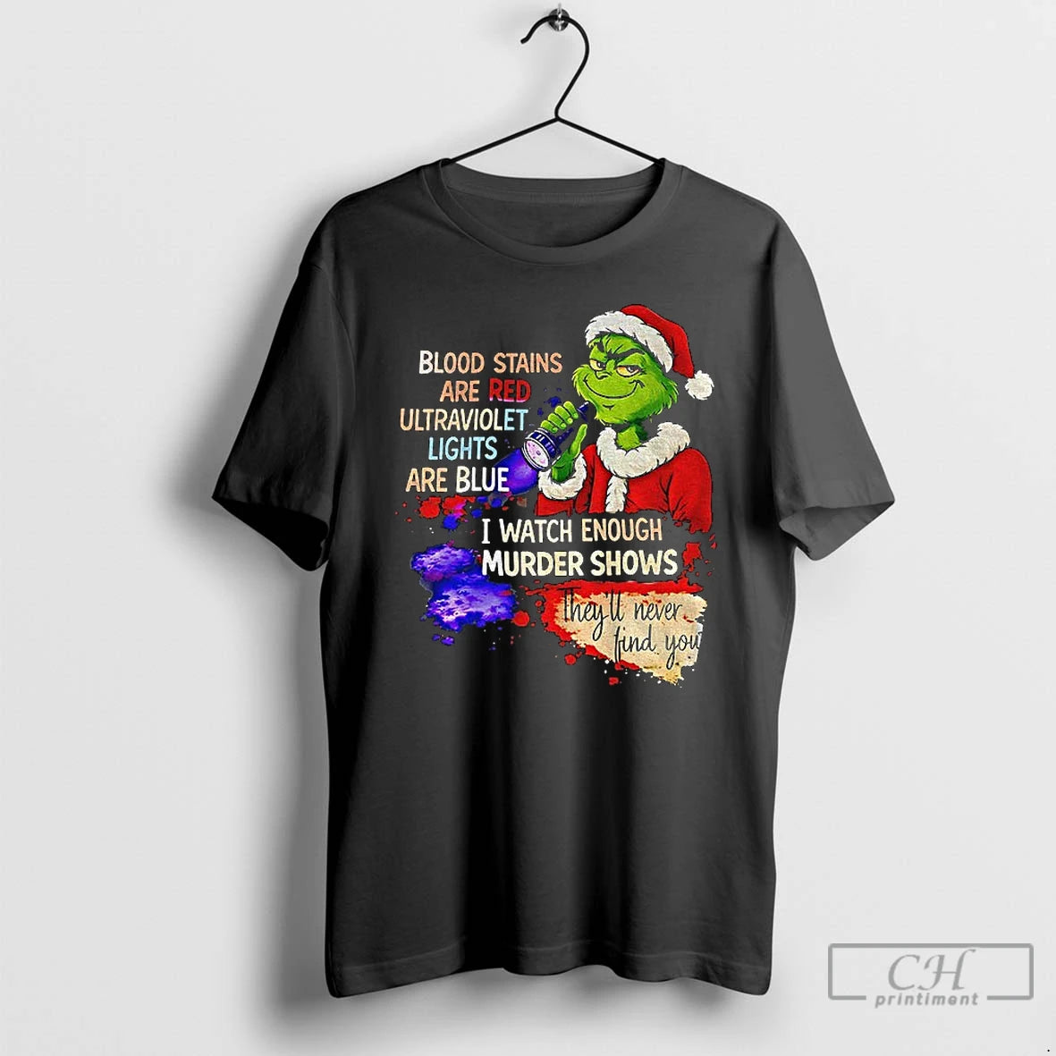 Classic Grinch Santa Blood Stains Are Red Ultraviolet Lights Are Blue I Watch Enough Murder T-Shirts, Hoodie, Sweatshirt