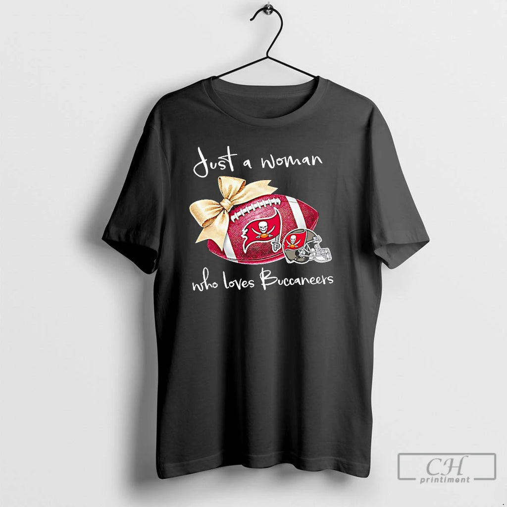 Classic Just A Woman Who Loves Tampa Bay Buccaneers Gold Bow Helmet T Shirts Hoodie, Sweatshirt | InkRitualCo.com