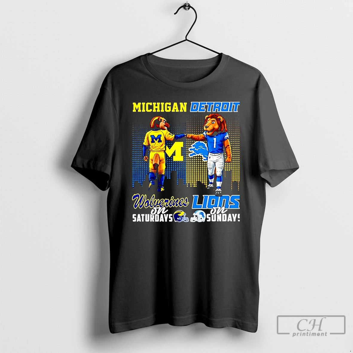 Classic Michigan Wolverines On Saturdays Vs Detroit Lions On Sundays Mascot Skyline Christmas T Shirts Hoodie, Sweatshirt