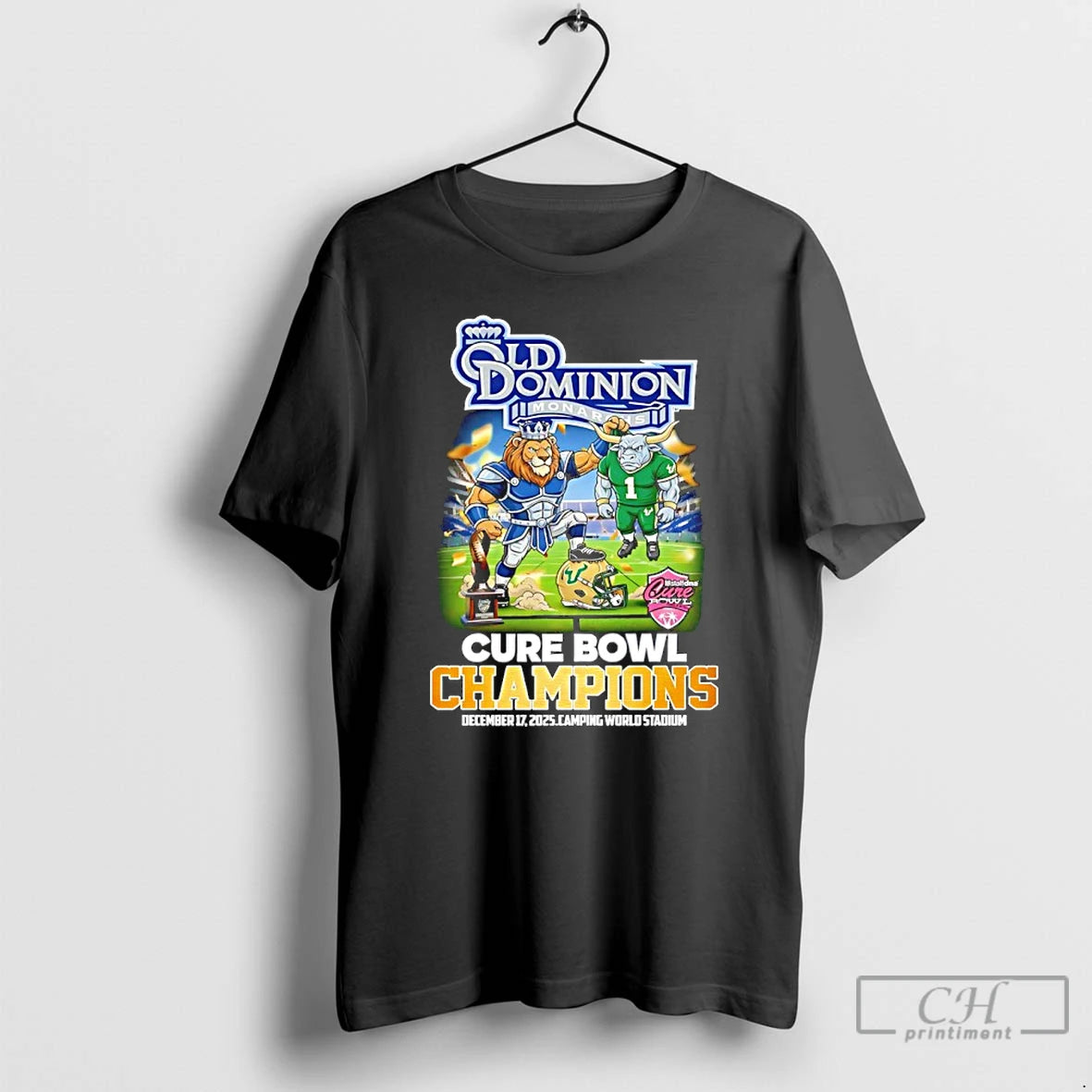 Classic Old Dominion 24 10 South Florida 2025 Cure Bowl Champions Mascot T Shirts Sweater Hoodie, Sweatshirt