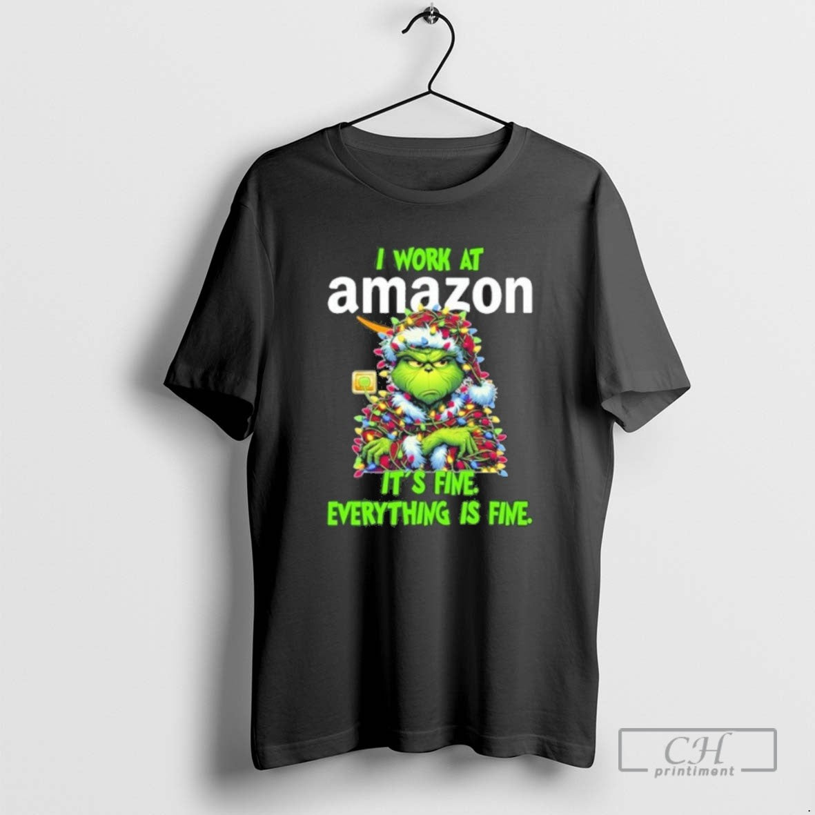 Classic Santa Grinch Light I Work At Amazon Logo Its Fine Everything Is Fine T-Shirts, Hoodie, Sweatshirt | InkRitualCo.com