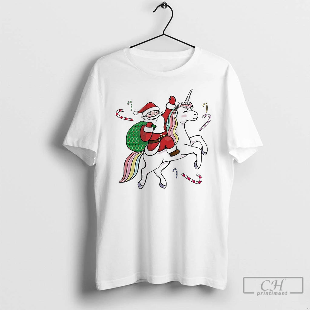 Classic Santa Riding Unicorn Candy Joy Christmas White T Shirts Hoodie, Sweatshirt | InkRitualCo.com