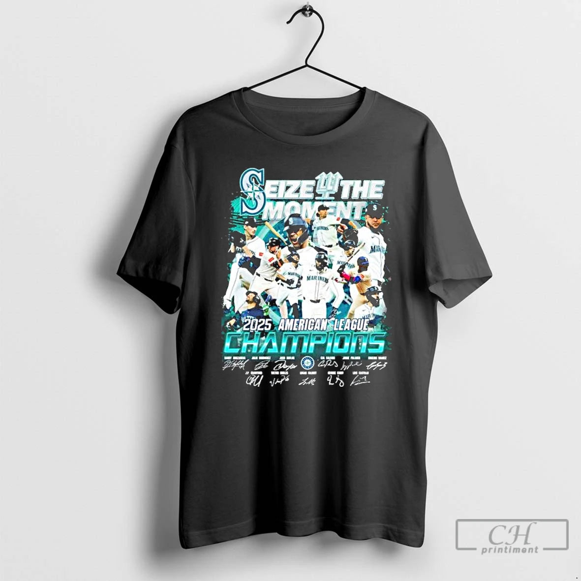 Classic Seattle Mariners Seize The Moment 2025 American League Champions Signatures T Shirts Hoodie, Sweatshirt