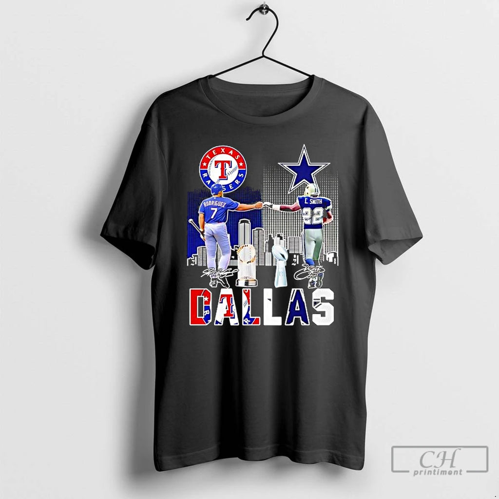 Classic Texas Rangers Ivan Pudge Rodriguez Dallas Cowboys Emmitt Smith Signatures Features T Shirts Sweater Hoodie,...