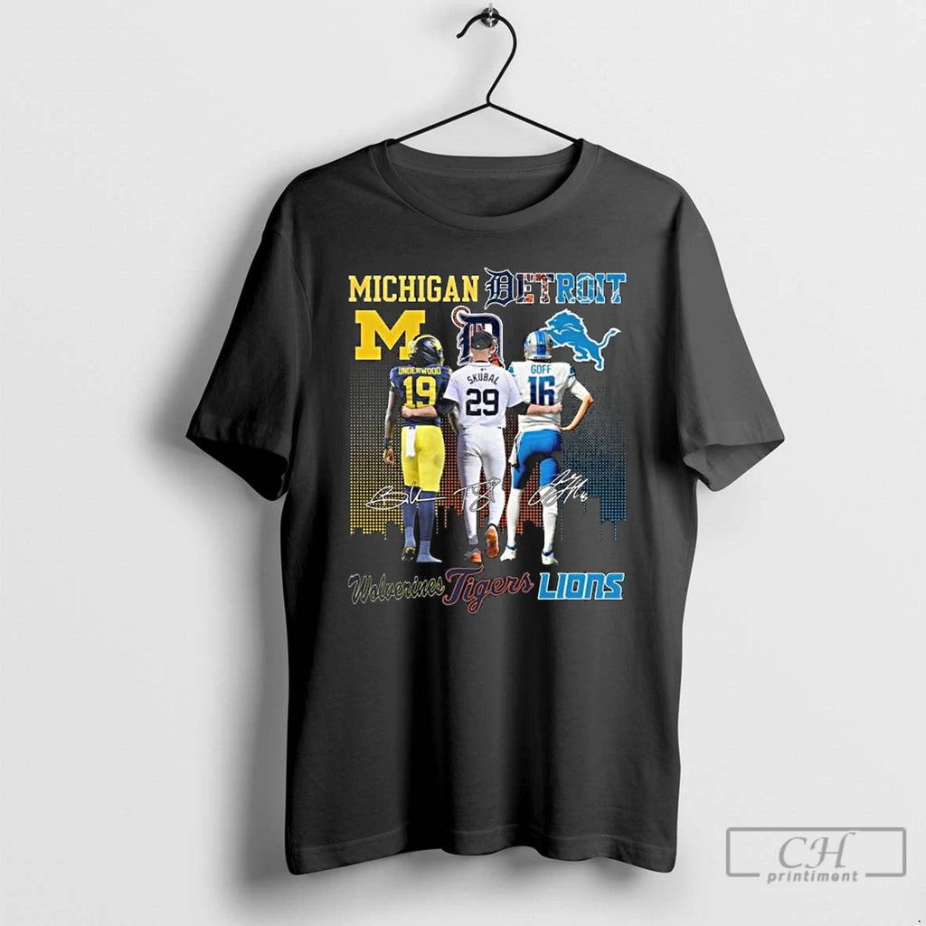 Classic Underwood Michigan Wolverines Skubal Detroit Tigers And Goff Detroit Lions Signatures Long Sleve T-Shirts,...
