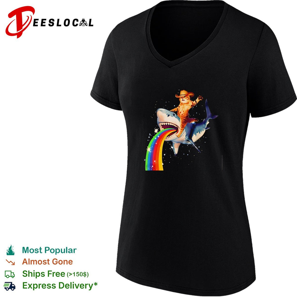 Cowboy cat riding a shark rainbow funny shirt