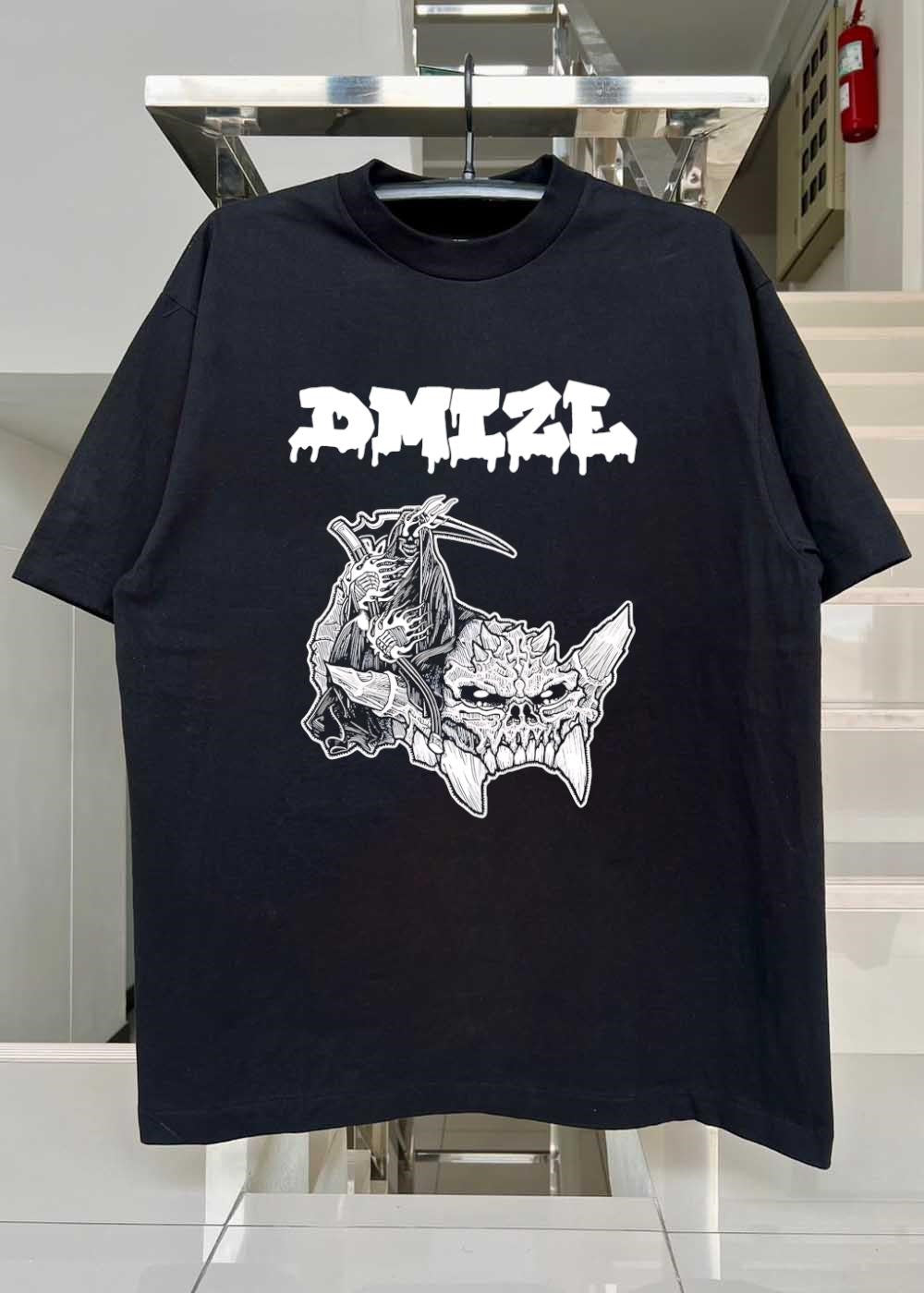 DMIZE Grim Reaper Scythe Riding Spiked Skull Horror Metal T-Shirt