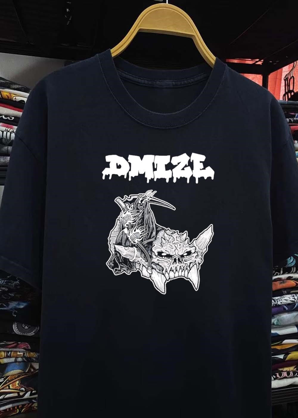 DMIZE Grim Reaper Scythe Riding Spiked Skull Horror Metal T-Shirt