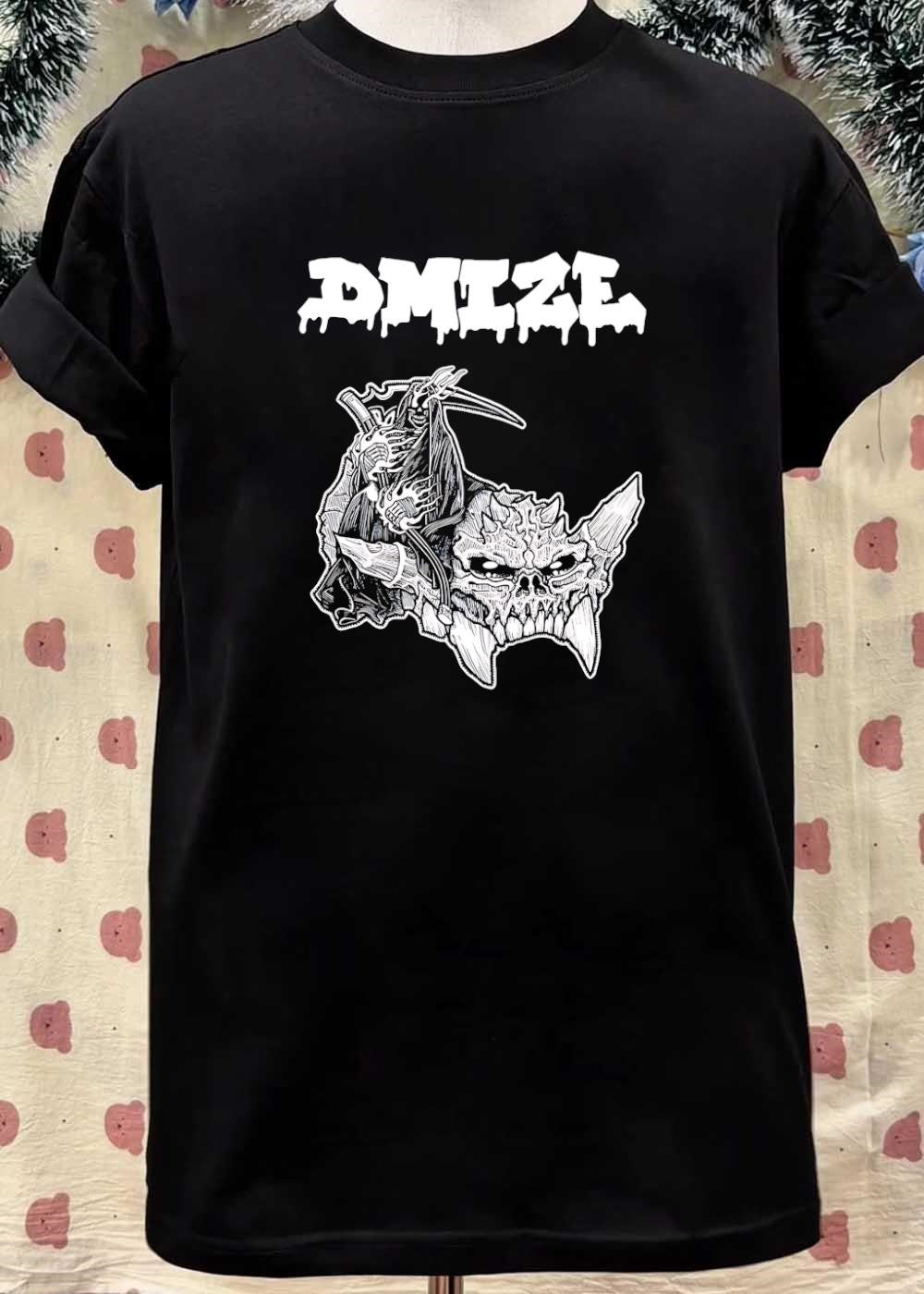 DMIZE Grim Reaper Scythe Riding Spiked Skull Horror Metal T-Shirt