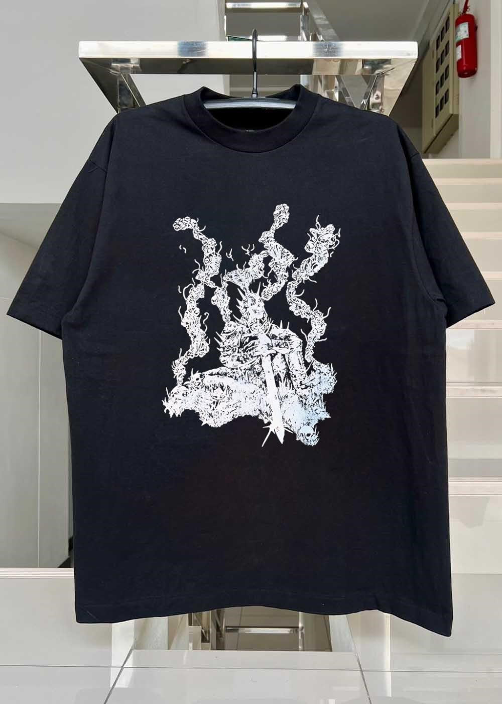 Dark Fantasy Knight With Sword And Spikes Black And White Unisex T-Shirt