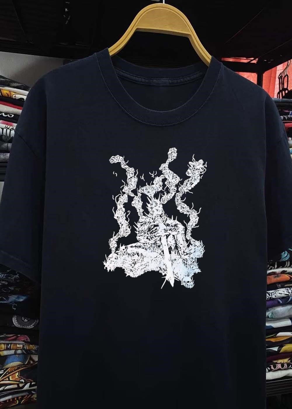 Dark Fantasy Knight With Sword And Spikes Black And White Unisex T-Shirt
