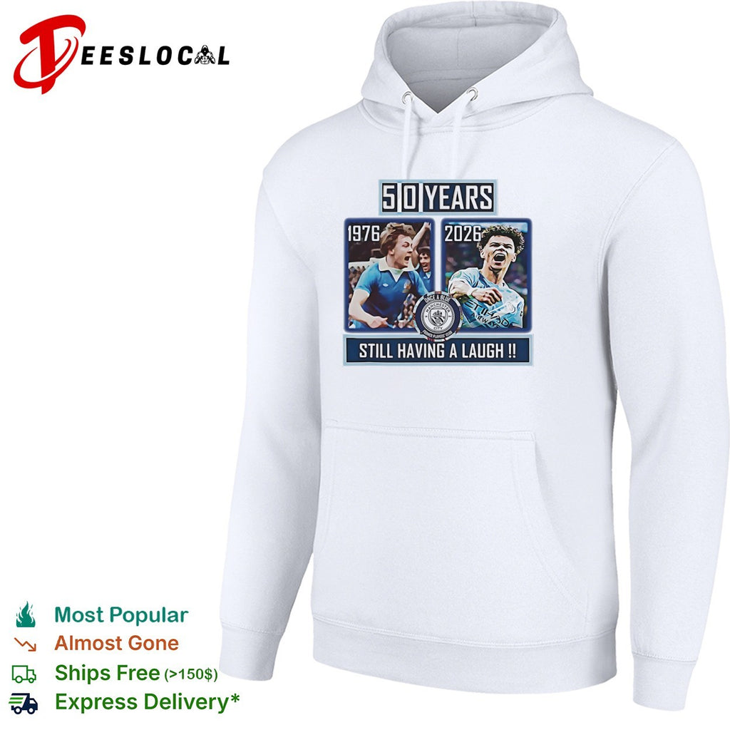 Dennis Tueart and Rico Lewis Manchester City 50 Years Still Having a Laugh shirt