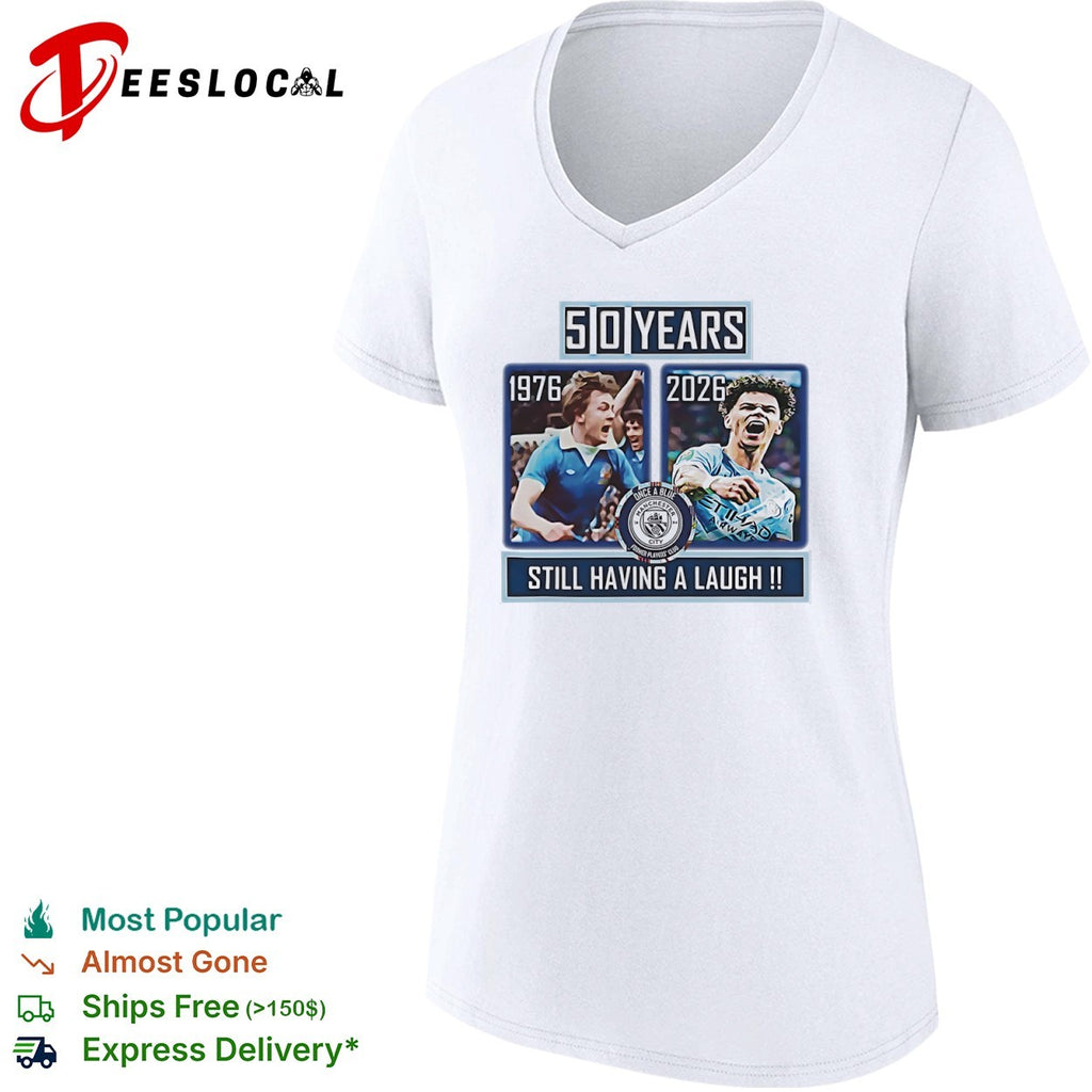 Dennis Tueart and Rico Lewis Manchester City 50 Years Still Having a Laugh shirt