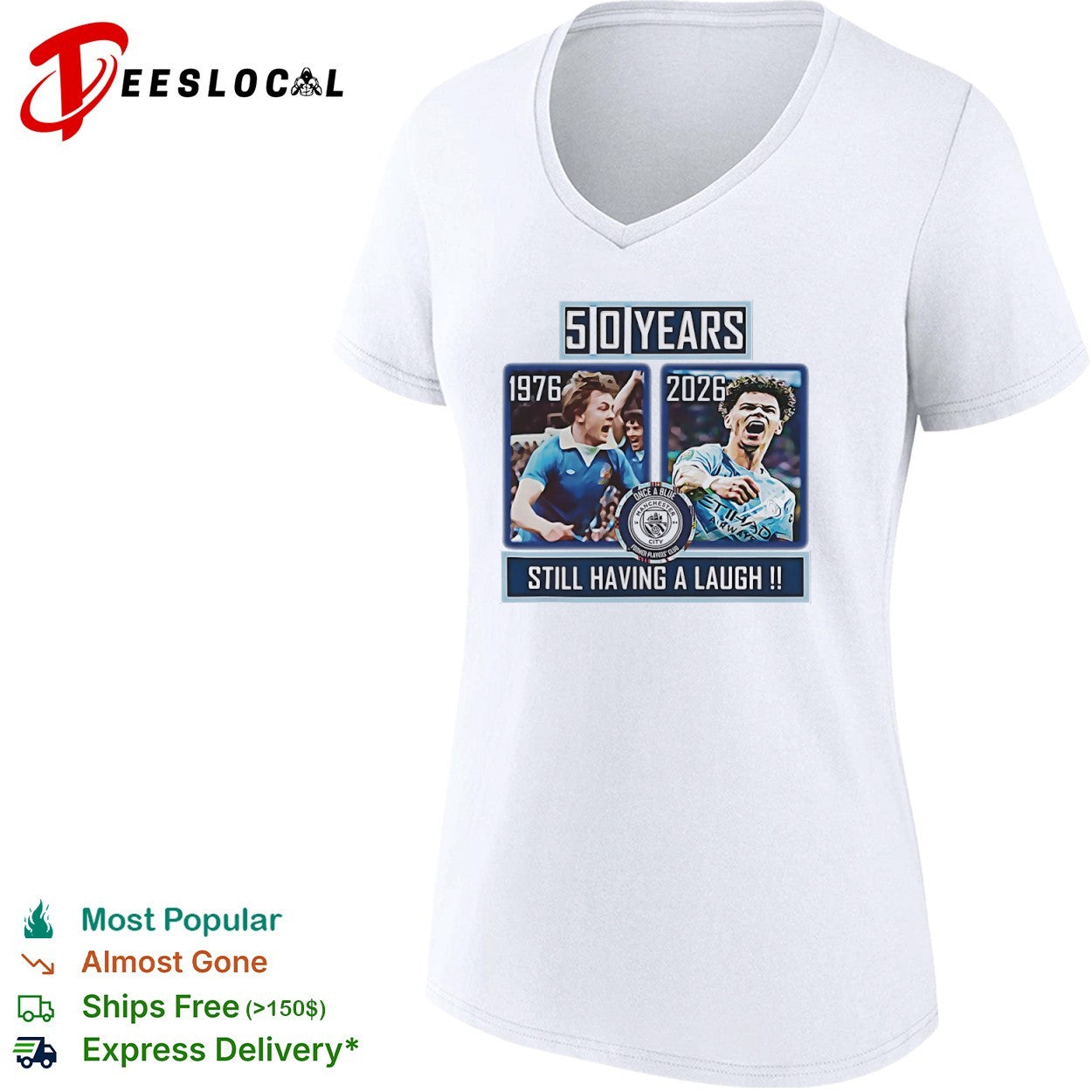 Dennis Tueart and Rico Lewis Manchester City 50 Years Still Having a Laugh shirt
