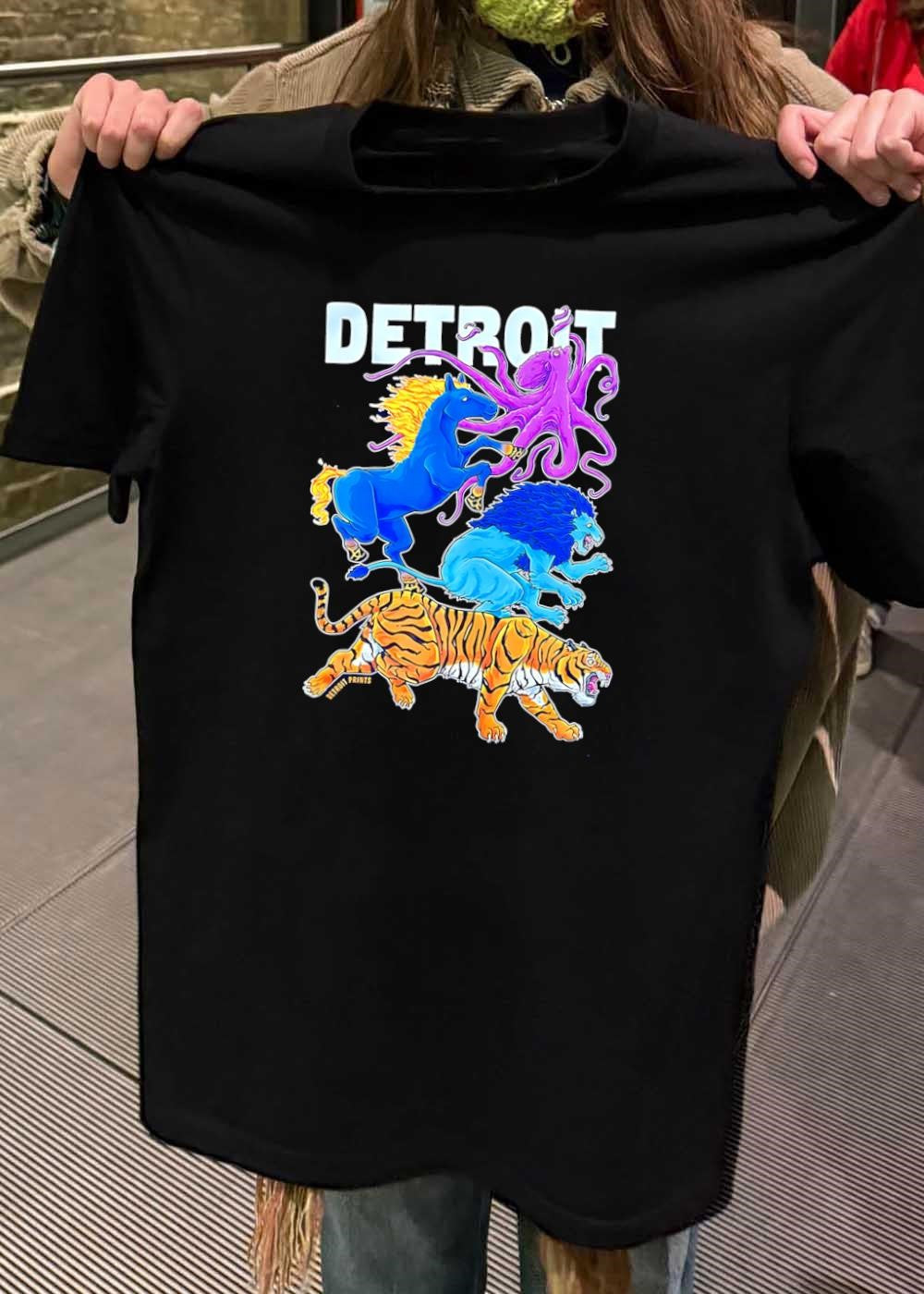 Detroit Prints Blue Horse Purple Octopus Lion and Tiger Running shirt
