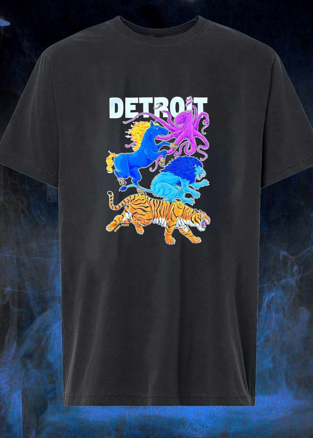 Detroit Prints Blue Horse Purple Octopus Lion and Tiger Running shirt