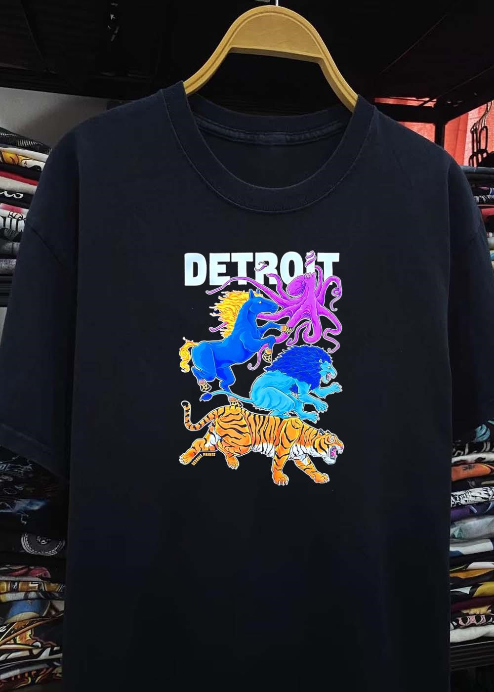 Detroit Prints Blue Horse Purple Octopus Lion and Tiger Running shirt