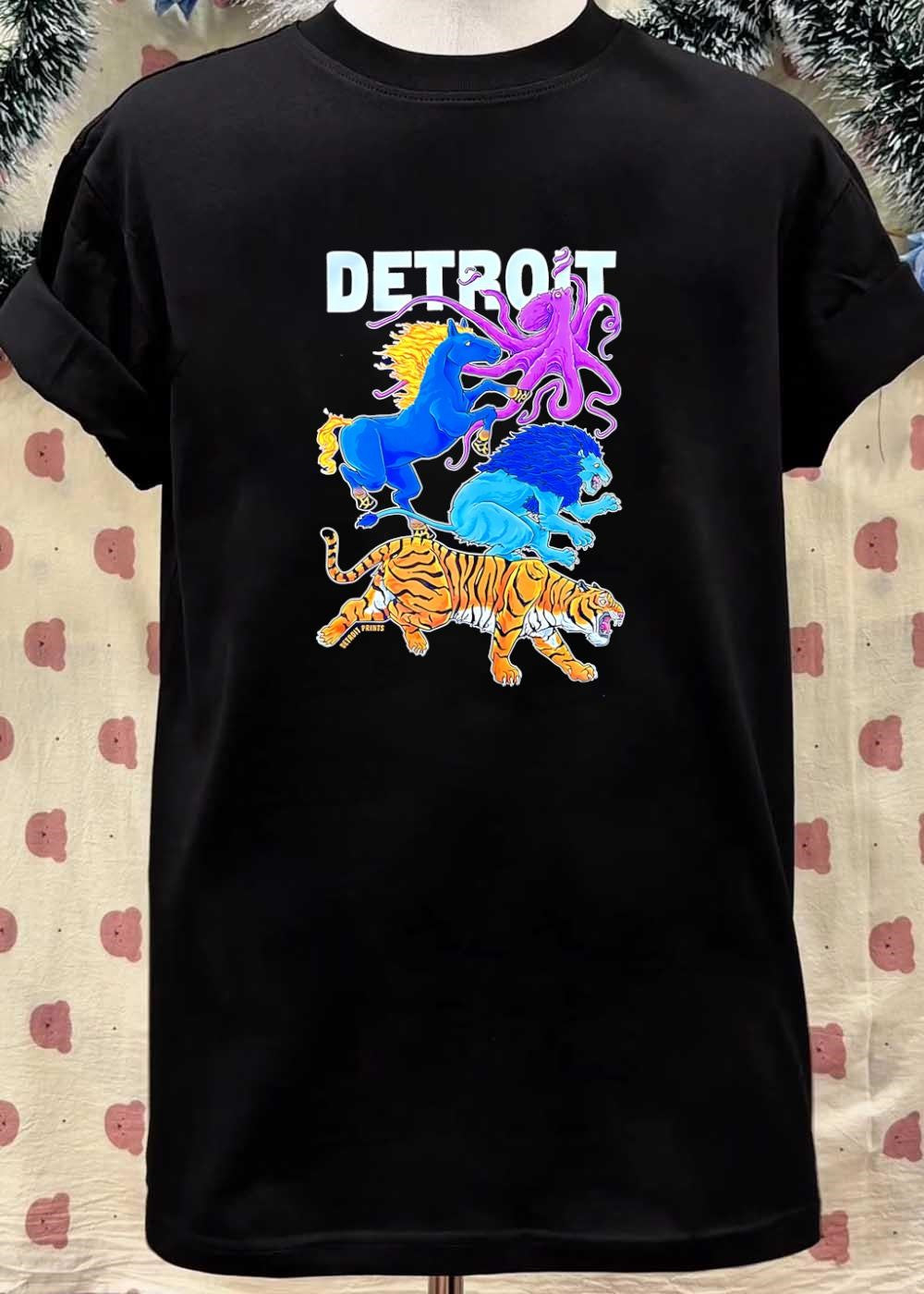 Detroit Prints Blue Horse Purple Octopus Lion and Tiger Running shirt