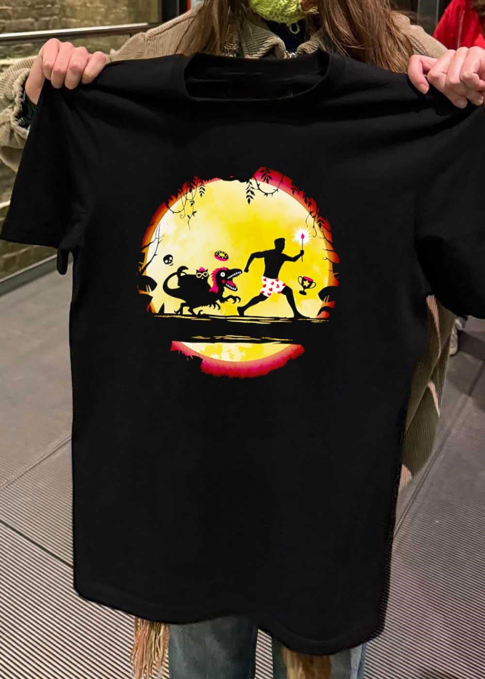 Dinosaur Chase Man with Torch Heart Shorts Trophy shirt