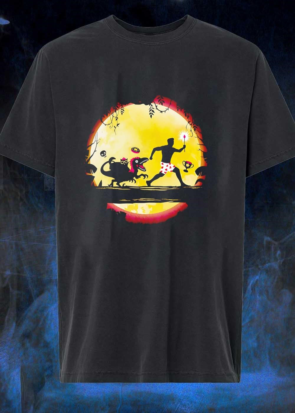 Dinosaur Chase Man with Torch Heart Shorts Trophy shirt