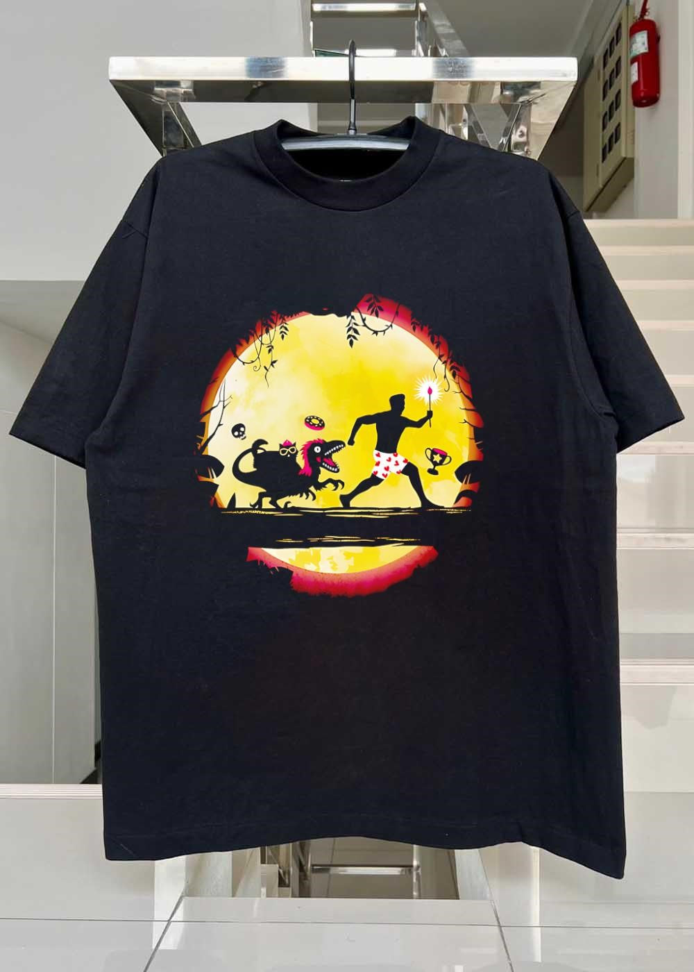 Dinosaur Chase Man with Torch Heart Shorts Trophy shirt