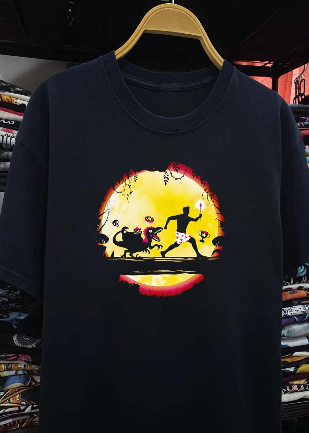 Dinosaur Chase Man with Torch Heart Shorts Trophy shirt