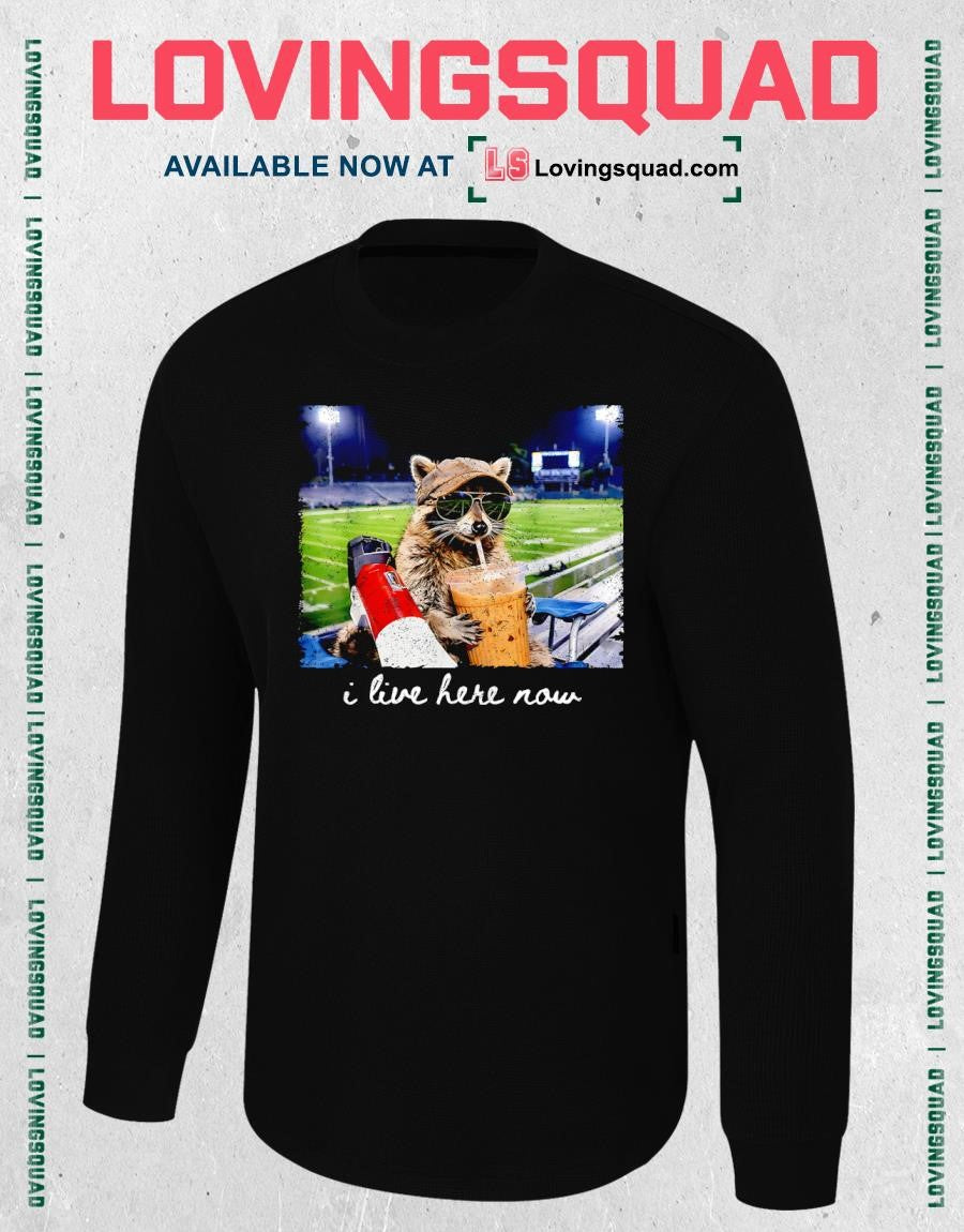 Distressed Raccoon Football Field I Live Here Now Game Day T-Shirt