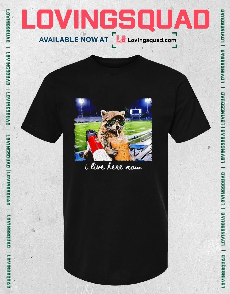 Distressed Raccoon Football Field I Live Here Now Game Day T-Shirt