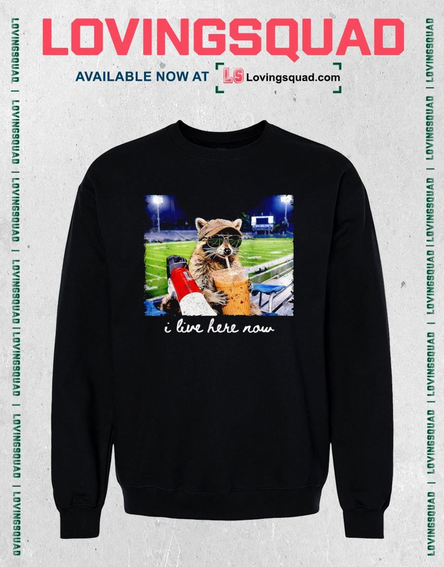 Distressed Raccoon Football Field I Live Here Now Game Day T-Shirt